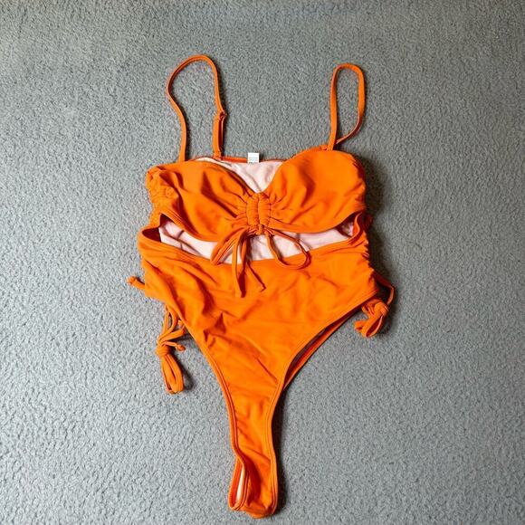 Swimwear Womens M Orange Cut Out Spaghetti Strap One Piece Swimsuit NEW - Picture 2 of 8